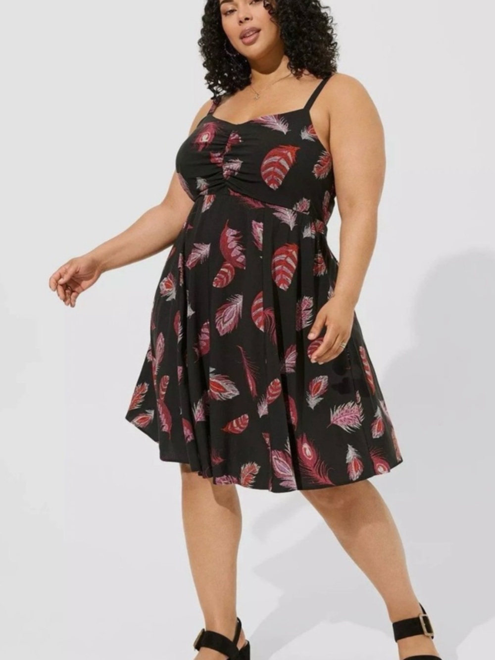 torrid Black Mini Dress with Pink & Red Feather Print torrid size 1
